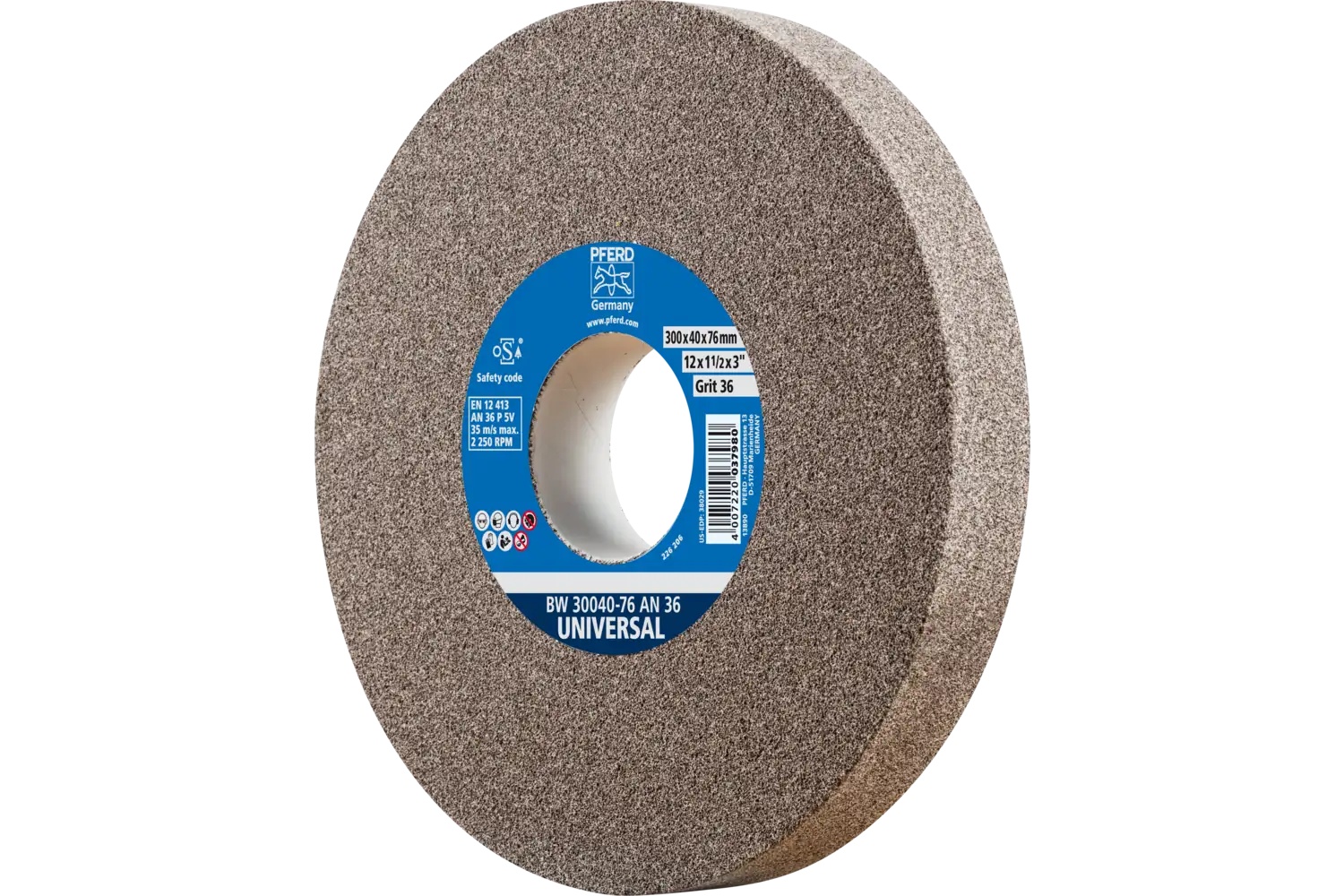 Picture of Pferd Vitrified Bench Wheel, Universal, 12" X 1-1/2 X 3, 36 Grit, Aluminum Oxide